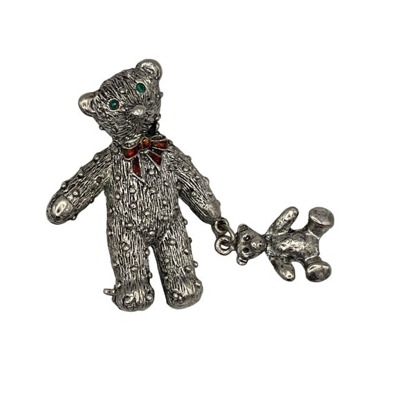 Teddy Bears Brooch Textured Silver Tone Metal Red Bow Green Eyes - Picture 1 of 12